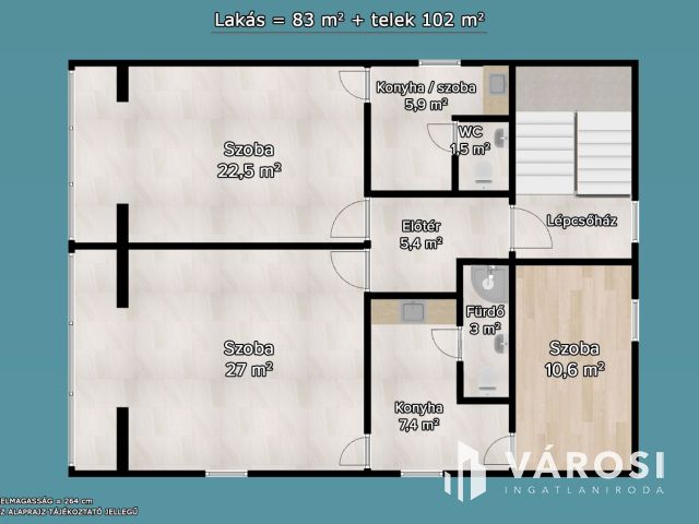 Napfényes, 83 m2 lakás + 102 m2 telekrész üzleti célra